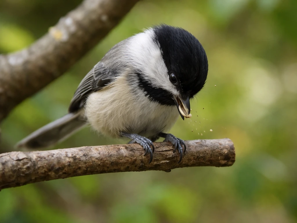 Small chickadee perched on a thin twig, cracking one seed near a tree branch.