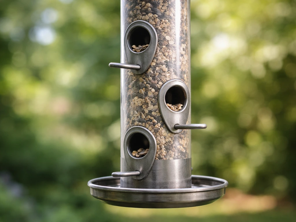 Close-up of a hanging tube bird feeder with small seed ports and a short perch ring.