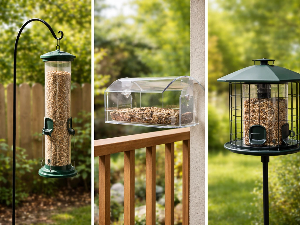 Three small bird-feeding setups side-by-side for chickadees: tube feeder, balcony feeder, and squirrel-resistant weight