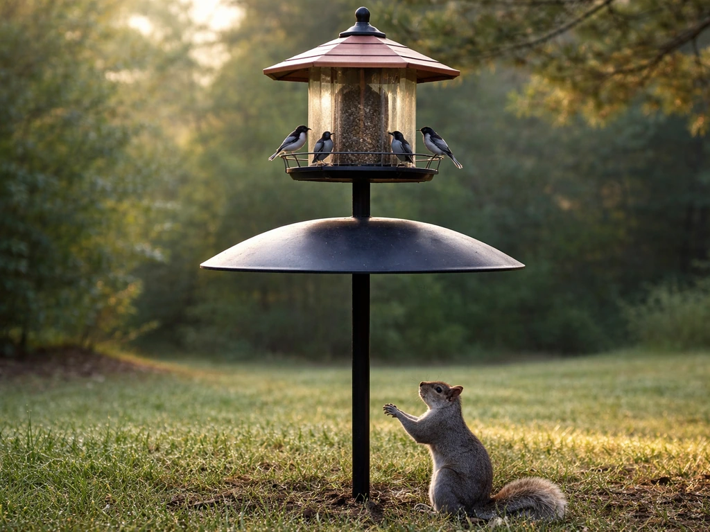 Weight-sensitive bird feeder with baffle on a pole, squirrel kept away while small birds feed.
