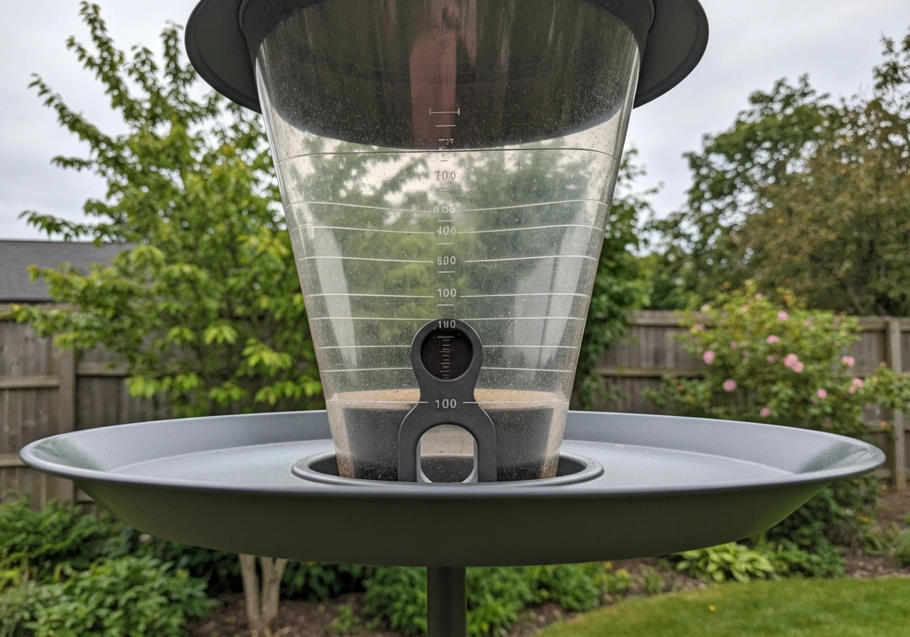 Close-up of a large hopper bird feeder showing its wide tray and broad roof in natural backyard light.