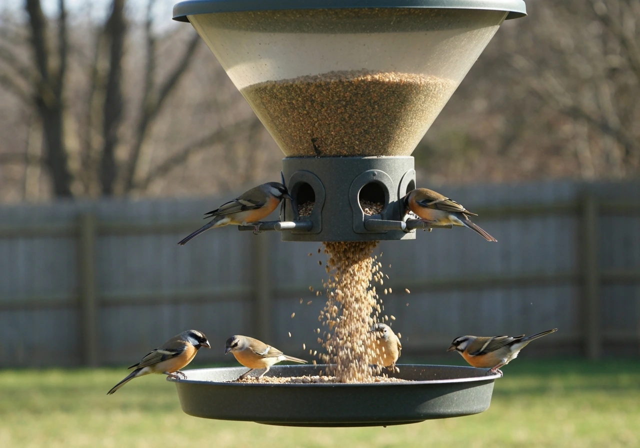 Gravity-fed hopper bird feeder with seed flowing into the tray as birds feed at the openings.
