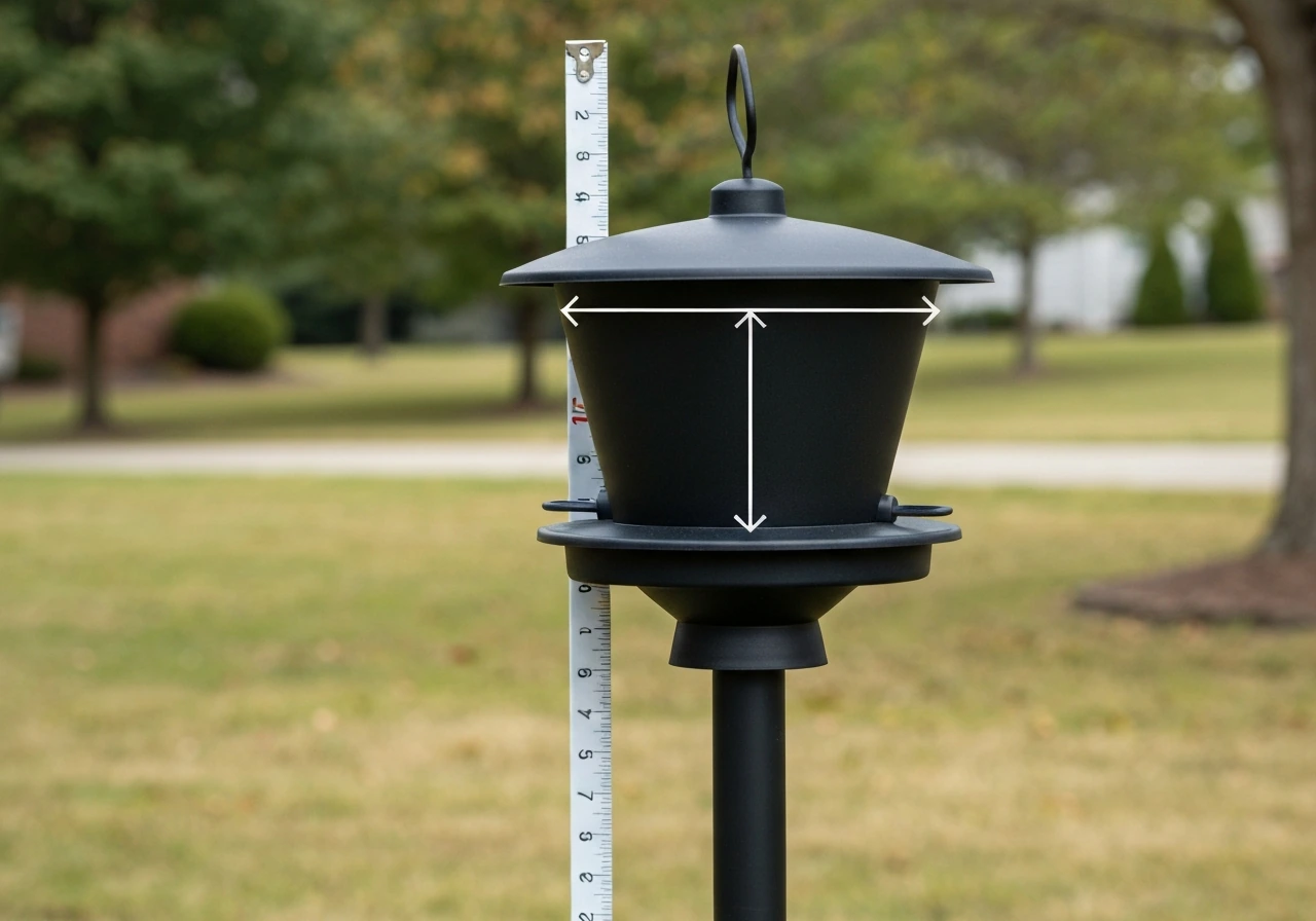 Pole-mounted hopper feeder with a squirrel baffle, with a measuring tape reference showing clearance.