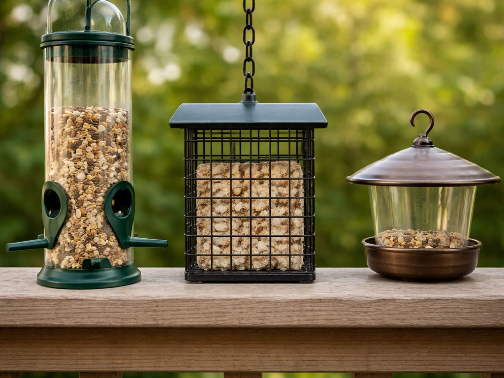 Three close-up bird feeder types side-by-side: tube/hopper with seed, suet cage, and a small seed cup feeder.