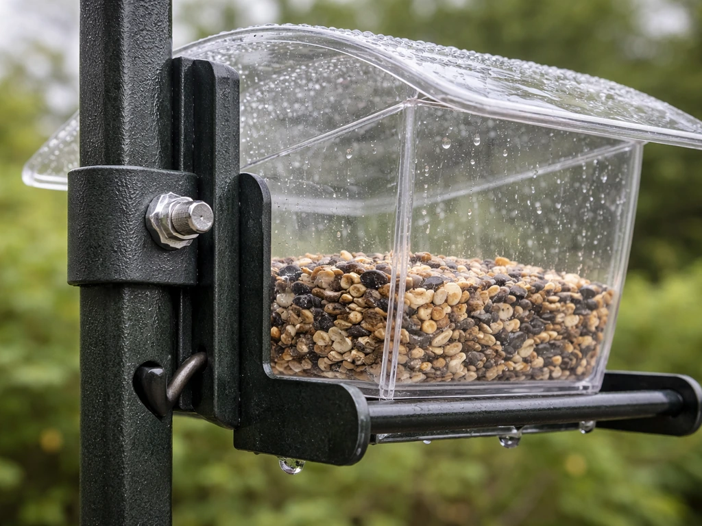 Closeup of UV-stabilized polycarbonate and powder-coated metal feeder parts in natural light