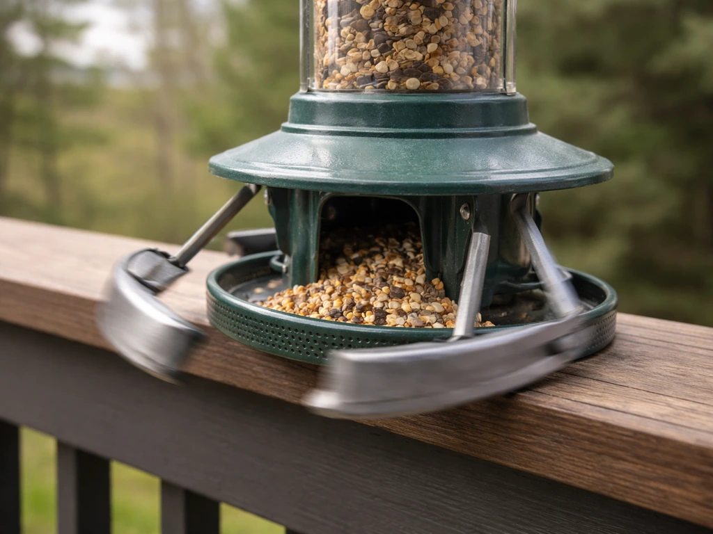 Weight-activated bird feeder mechanism spinning to block access, with birds in the background