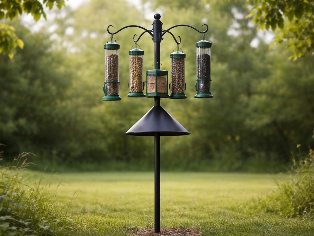 Multi-feeder squirrel-proof station mounted on a metal pole with spacing away from nearby branches.