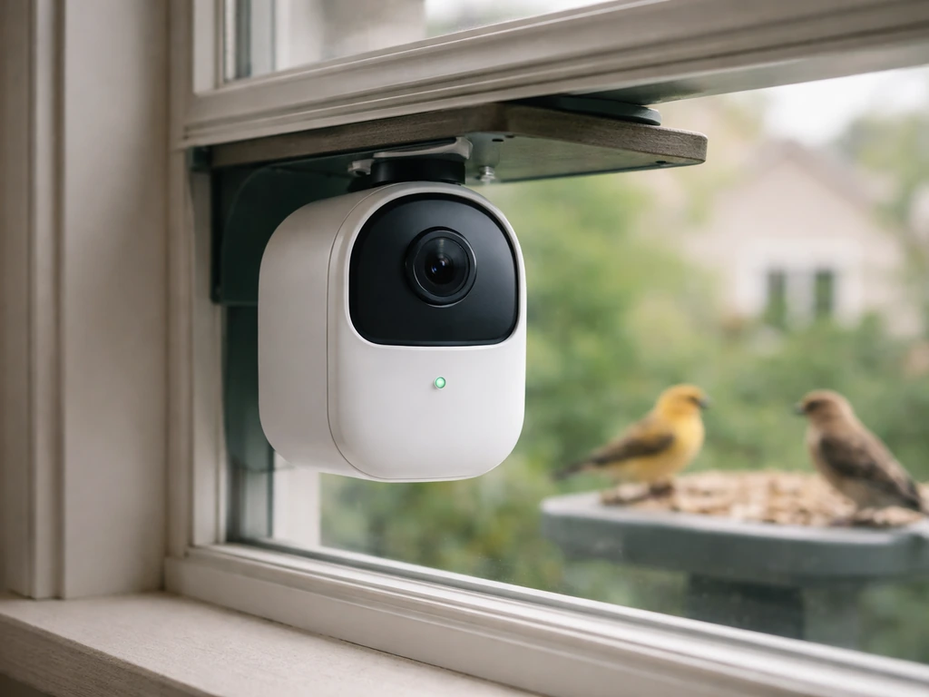 Close-up of a smart bird feeder camera device with a softly lit bird-watching setup inside a home window.