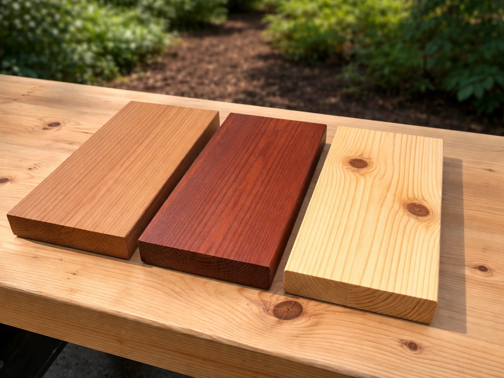 Three wood samples laid outdoors showing different grains and colors for bird feeder suitability.