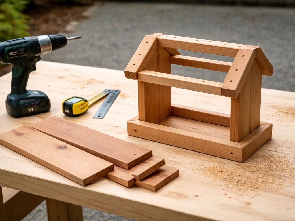 Partially assembled wooden bird feeder on a workbench with cut cedar boards and a drill/driver.