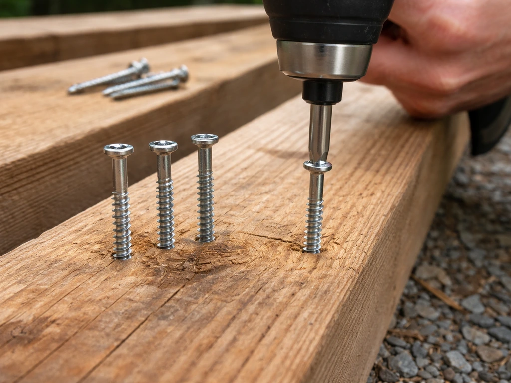 Close-up of stainless and galvanized screws being driven into cedar boards outdoors.