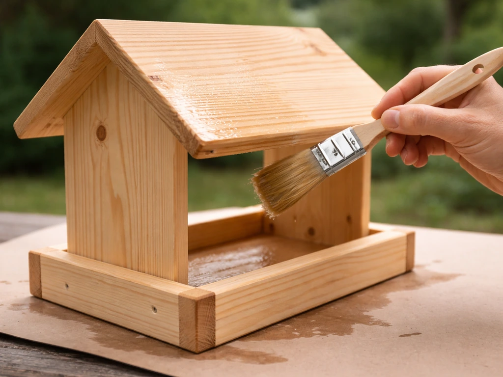 Close-up of applying clear exterior water-based sealant to a wooden bird feeder with a brush.
