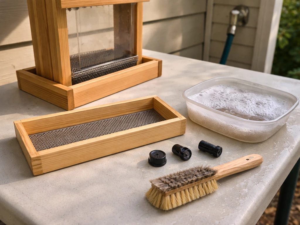 Wooden bird feeder seed tray removed, scrubbed with soapy water and ready to recoat