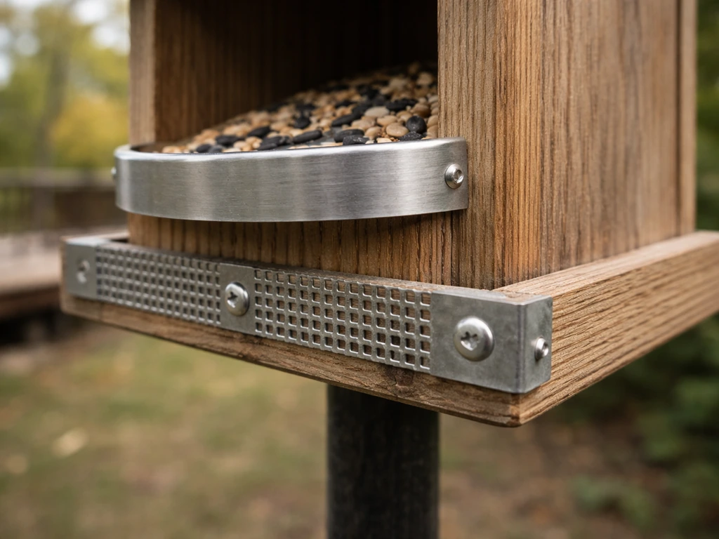 Close-up of a wooden bird feeder with a metal-edged seed port and protective hardware to deter chewing.