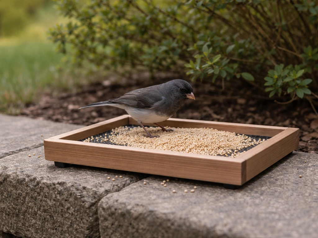 Junco feeding at a ground/platform bird feeder with proso millet in a quiet backyard near shrubs.