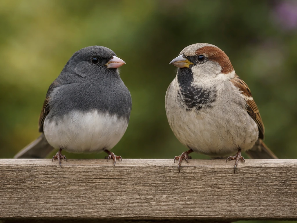 Two small songbirds perched side-by-side on a feeder rail, one darker and one lighter for comparison.