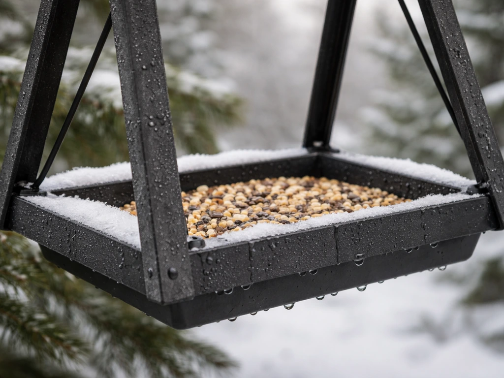 Winter bird feeder with powder-coated steel frame and UV-stabilized plastic tray, lightly snowy and wet.