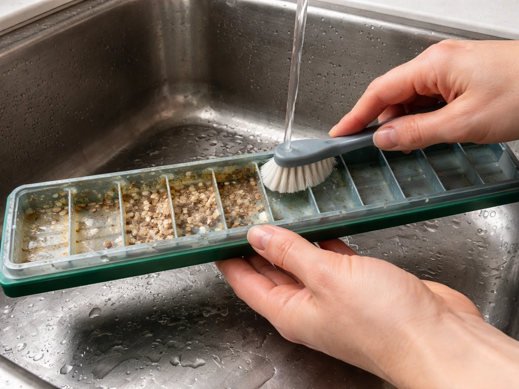 An open seed tray feeder being rinsed and scrubbed, with wet seed residue visible before cleaning.