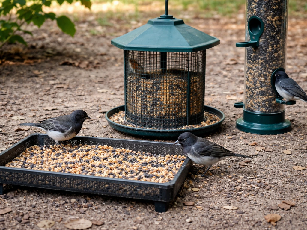 Three bird feeders on a patio, with juncos feeding from a low platform, mesh hopper, and tube-style feeder.