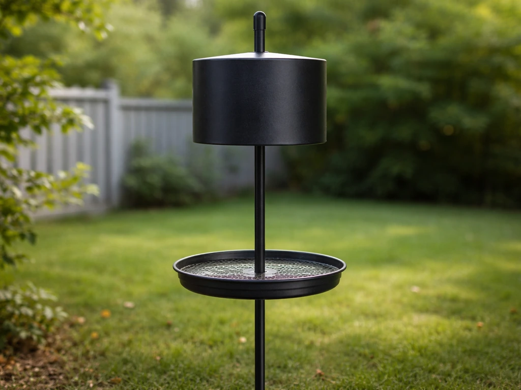 Low tray bird feeder on a pole with a squirrel baffle guard above it in a quiet backyard.
