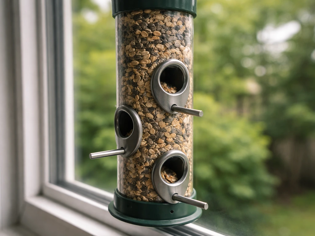 Close-up of a backyard bird feeder showing seed ports, openings, perch, and visible seed access.