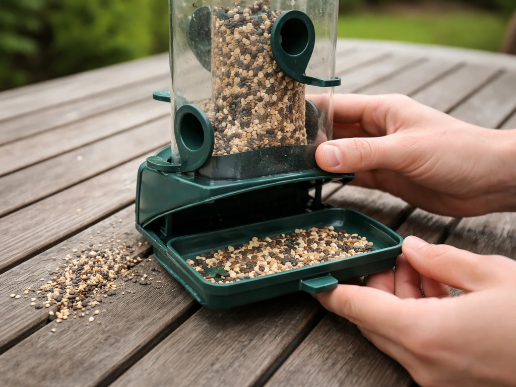 Opened tube bird feeder on a patio table with the bottom tray removed and seed debris cleared.