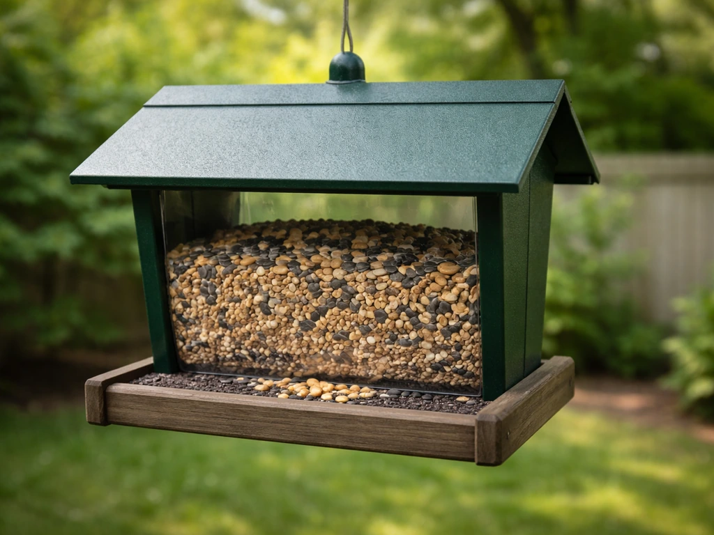 Dry seed under a simple peaked weather cover protecting a small hopper feeder outdoors