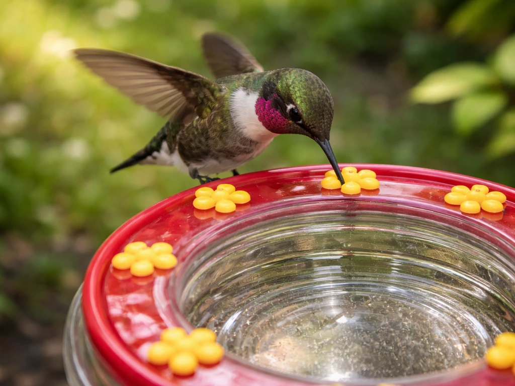 Hummingbird hovering at a shallow nectar dish feeder with multiple feeding ports