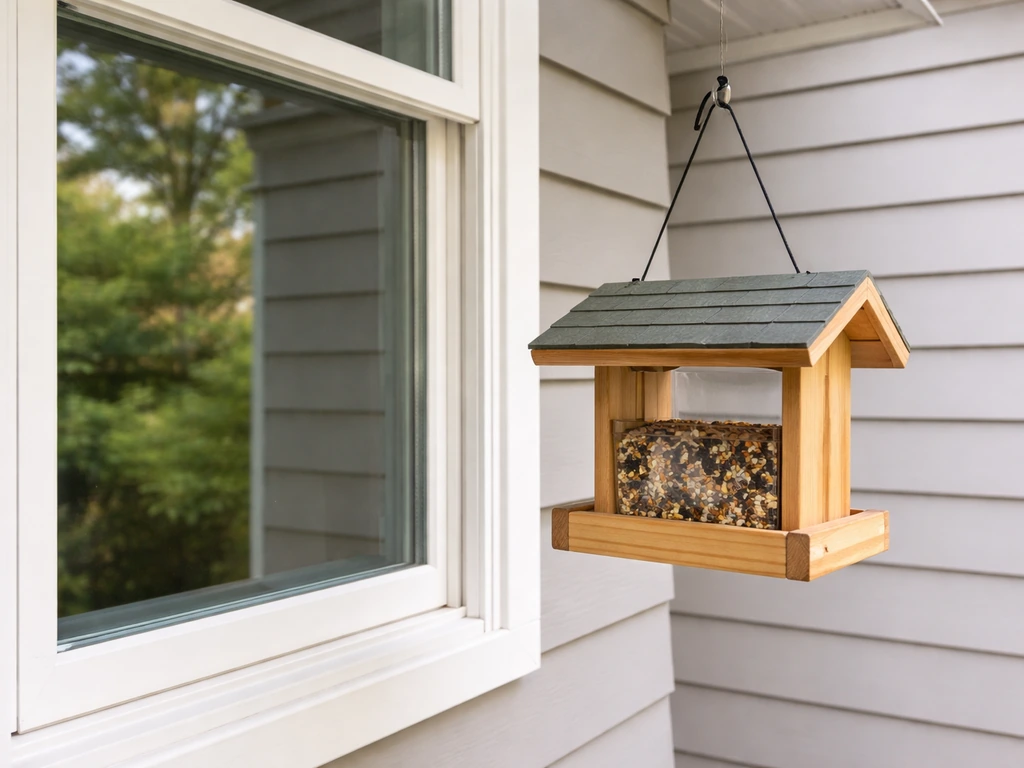 Bird feeder placed close to a window with clear space showing the safety-distance concept.