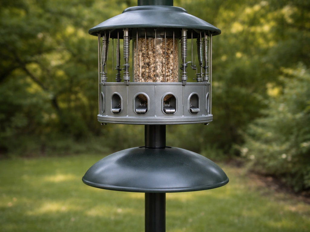 Pole-mounted bird feeder showing a spring shroud over ports and a domed baffle blocking access from below.