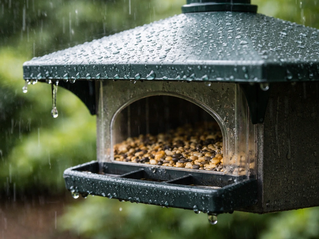 Close-up of a rainproof bird feeder with an overhanging roof blocking falling rain.