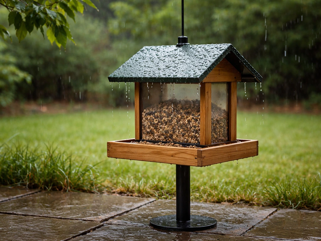 House-shaped hopper bird feeder in rainy backyard, roof beading water, tray stays drier.