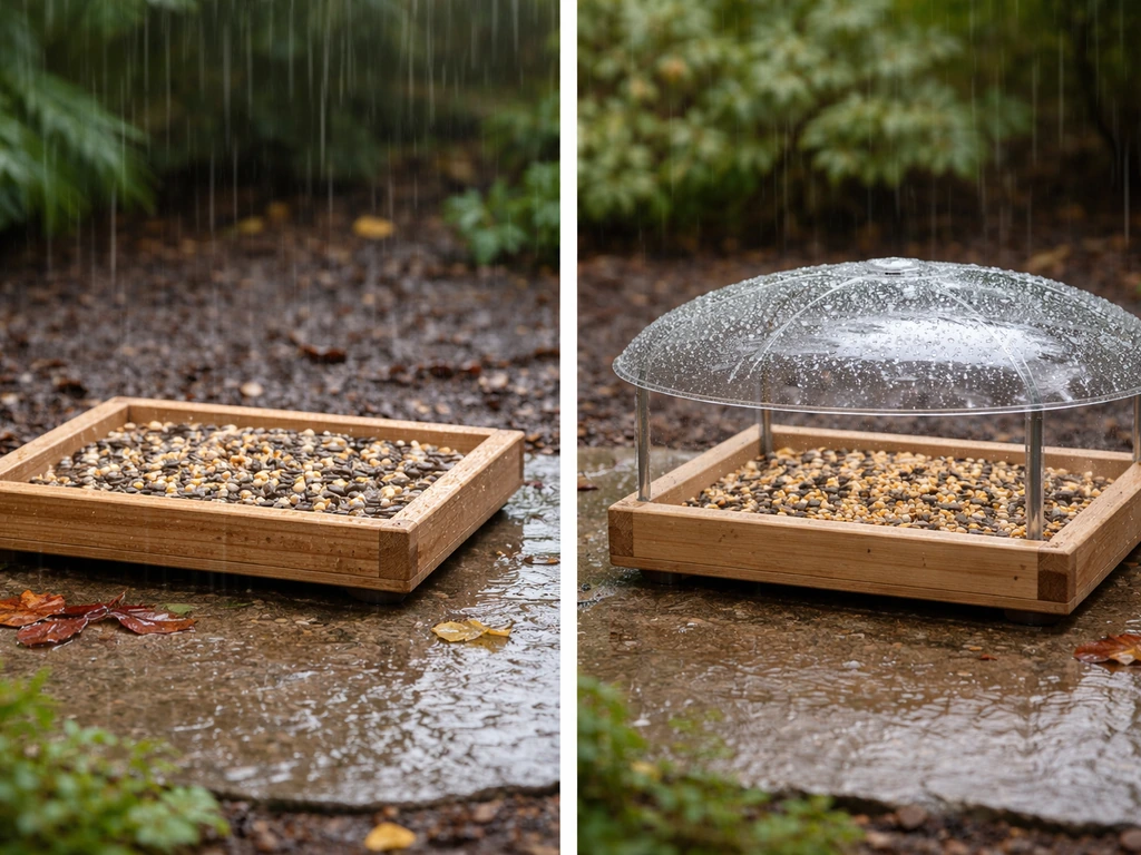 Side-by-side wet conditions: uncovered platform feeder vs. platform feeder with a weather baffle