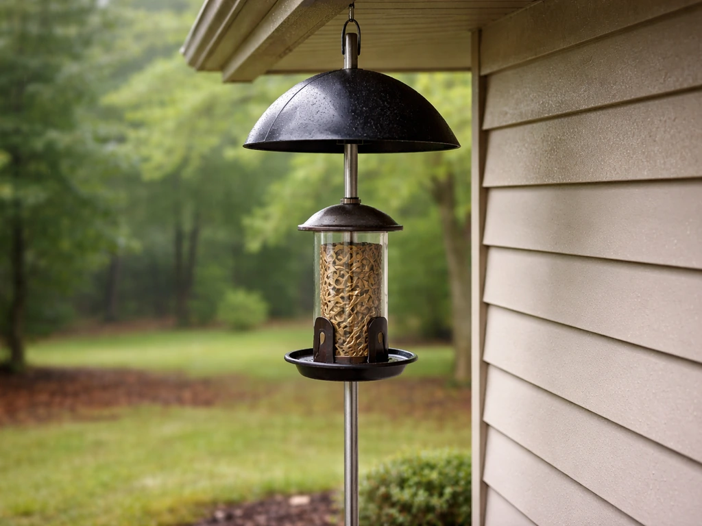 Smooth metal pole with dome baffle and feeder mounted securely under an overhang, rain protection setup