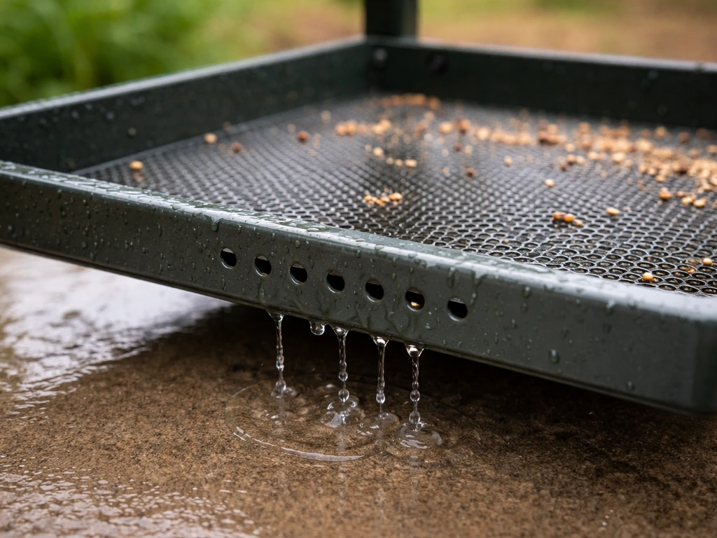 Close-up of a bird feeder tray with small drilled drainage holes, standing water draining after rain.