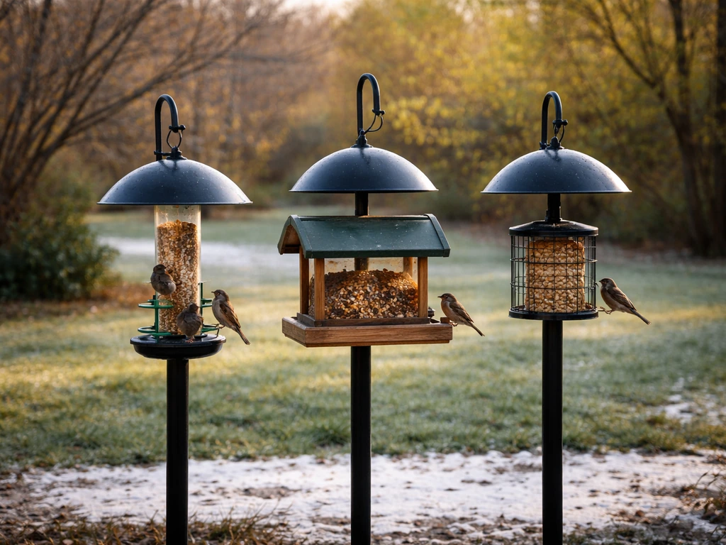 Minimal Ohio backyard scene with tube, hopper, and suet feeders plus a visible squirrel guard and perched birds.
