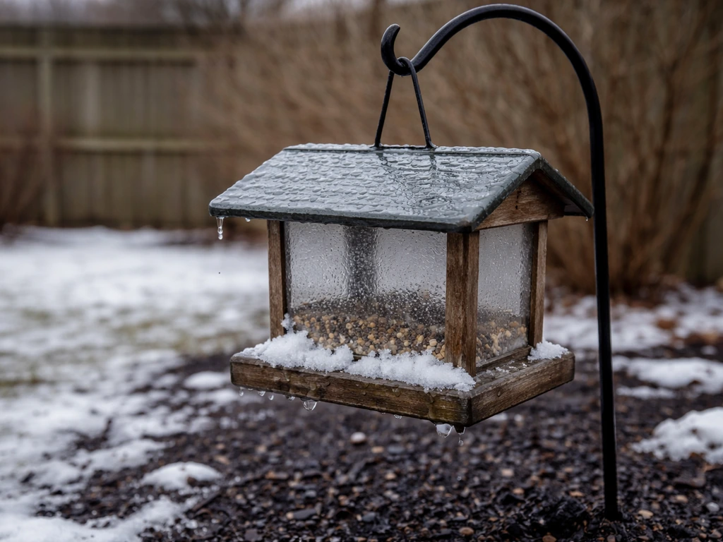 Snow and ice cling to a backyard hopper bird feeder with wet roof sheen in cold Ohio-like weather.