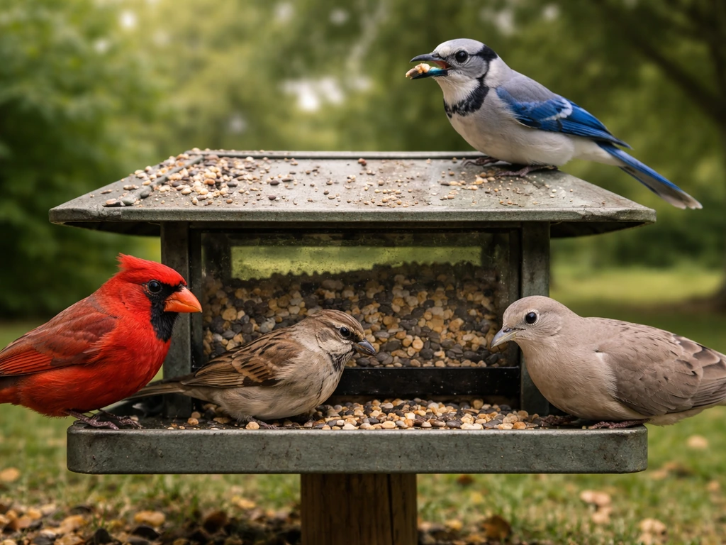 Mixed songbirds feed at a metal hopper feeder, with visible seed under the roof.