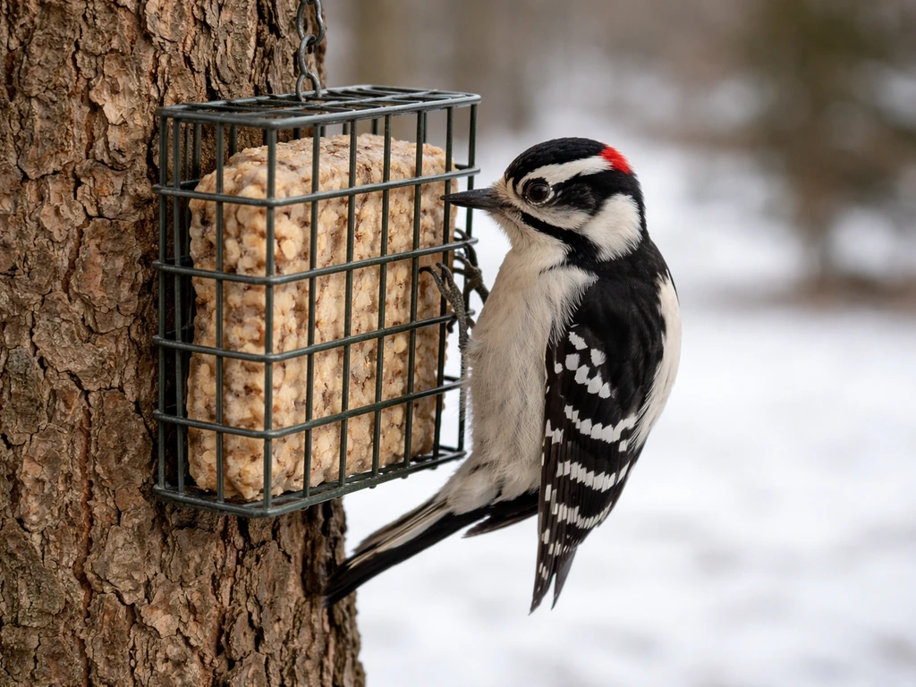 Downy woodpecker gripping a wire suet cage, suet cake clearly visible on a winter tree.