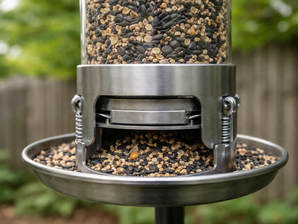 Close-up of a weight-activated squirrel-proof feeder mechanism with a visible sleeve and trigger setup.