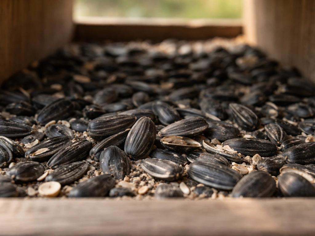 Close-up of black oil sunflower seeds with thin shells and shell debris in a bird feeder setting.