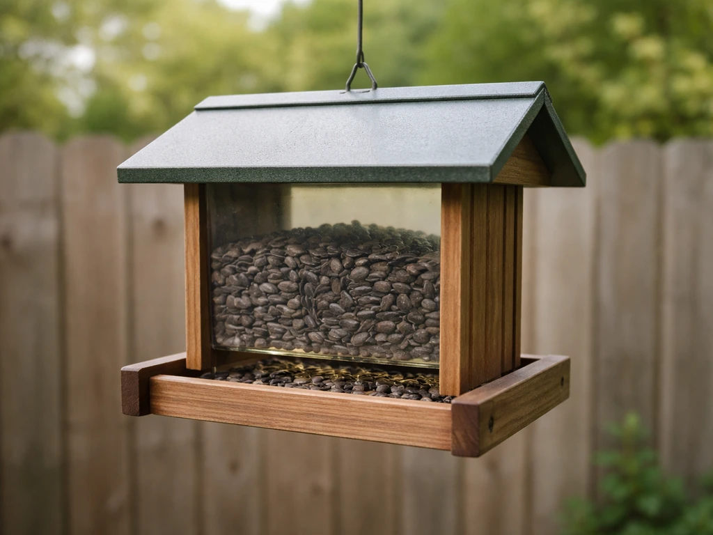 Covered hopper bird feeder with an overhang protecting black oil sunflower seeds from rain.