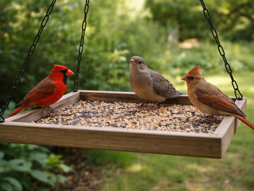 An open platform bird feeder with cardinals perched on the flat tray outdoors.