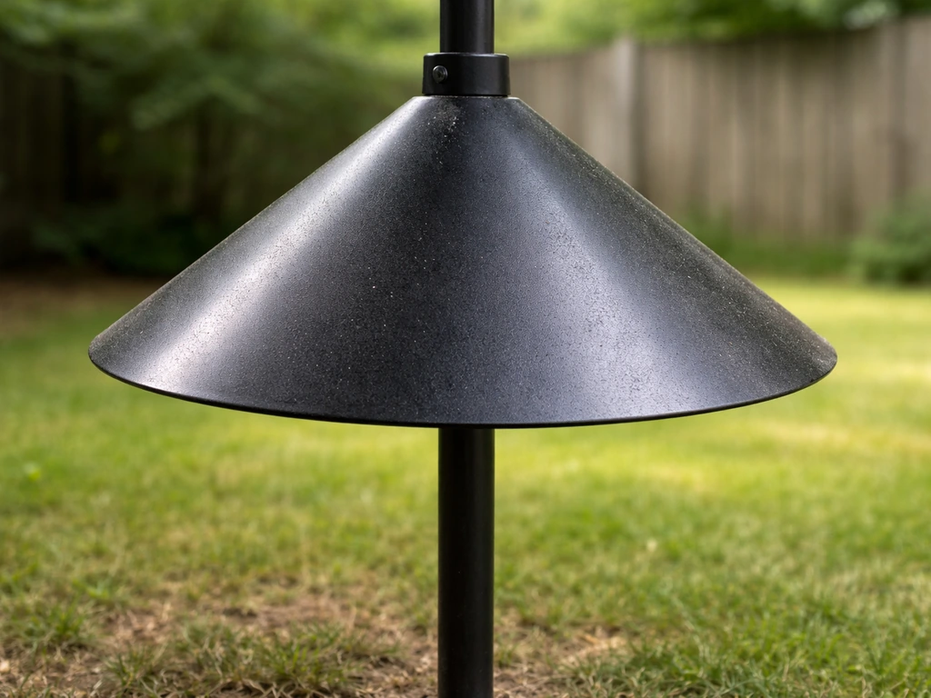Close-up of a torpedo-shaped squirrel baffle mounted under a pole-mounted feeder blocking access.