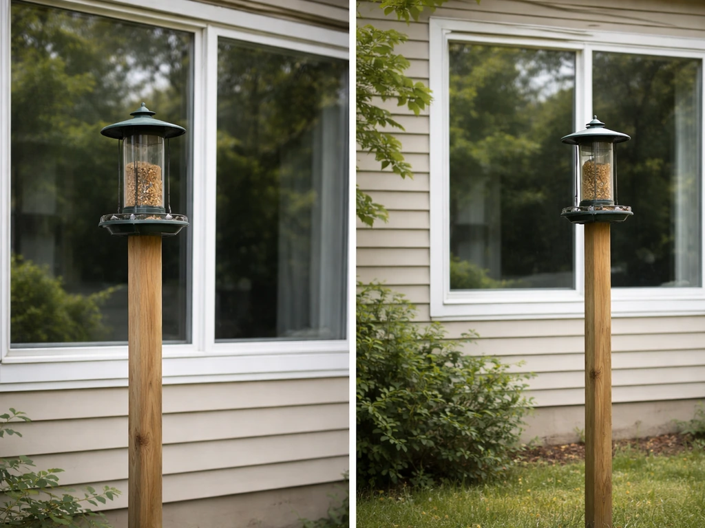 Two bird feeders mounted at different distances from a window, with a post showing safe placement height.
