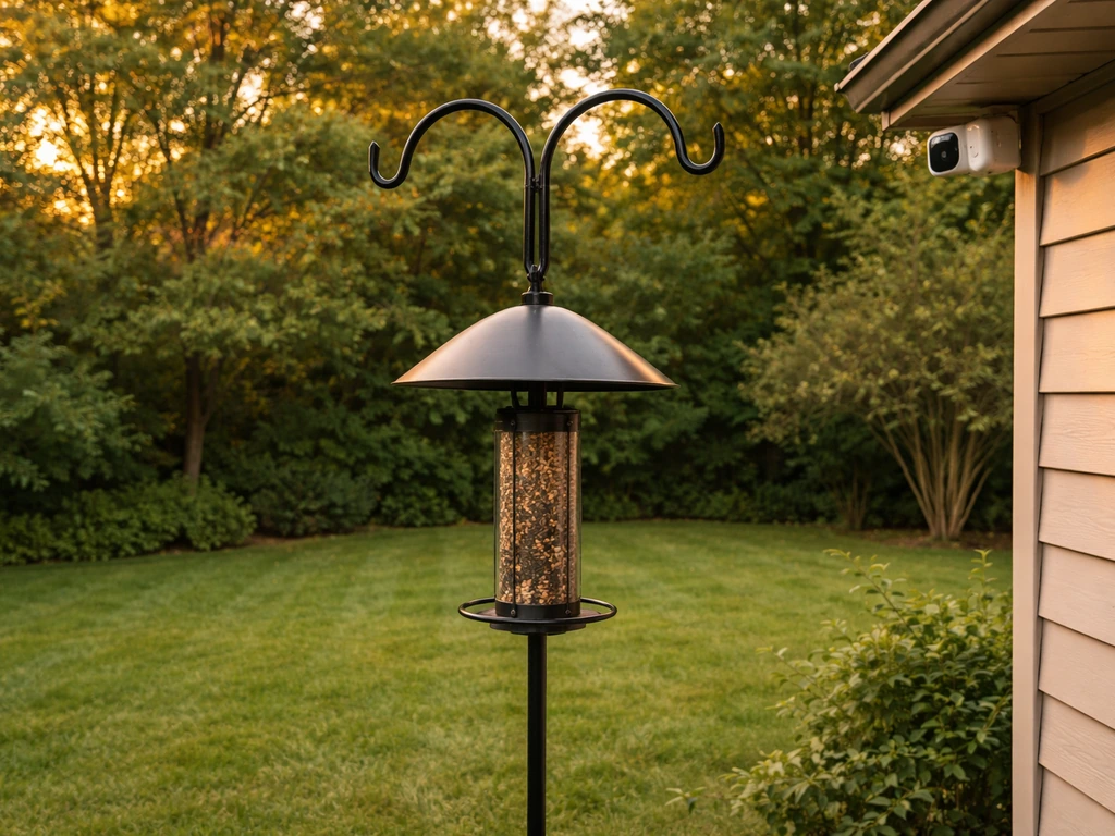 Baffle-equipped bird feeder on a hook with a nearby weatherproof smart camera in a quiet backyard.
