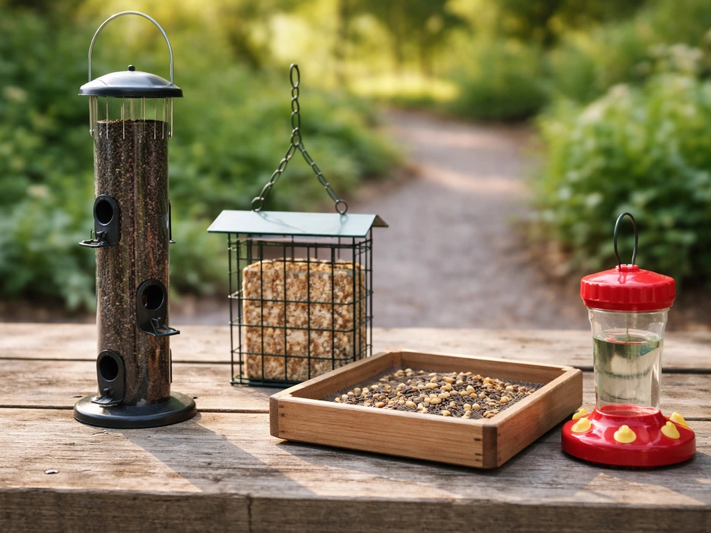Close-up of tube, suet cage, platform, and nectar bird feeders arranged on a wooden outdoor surface.