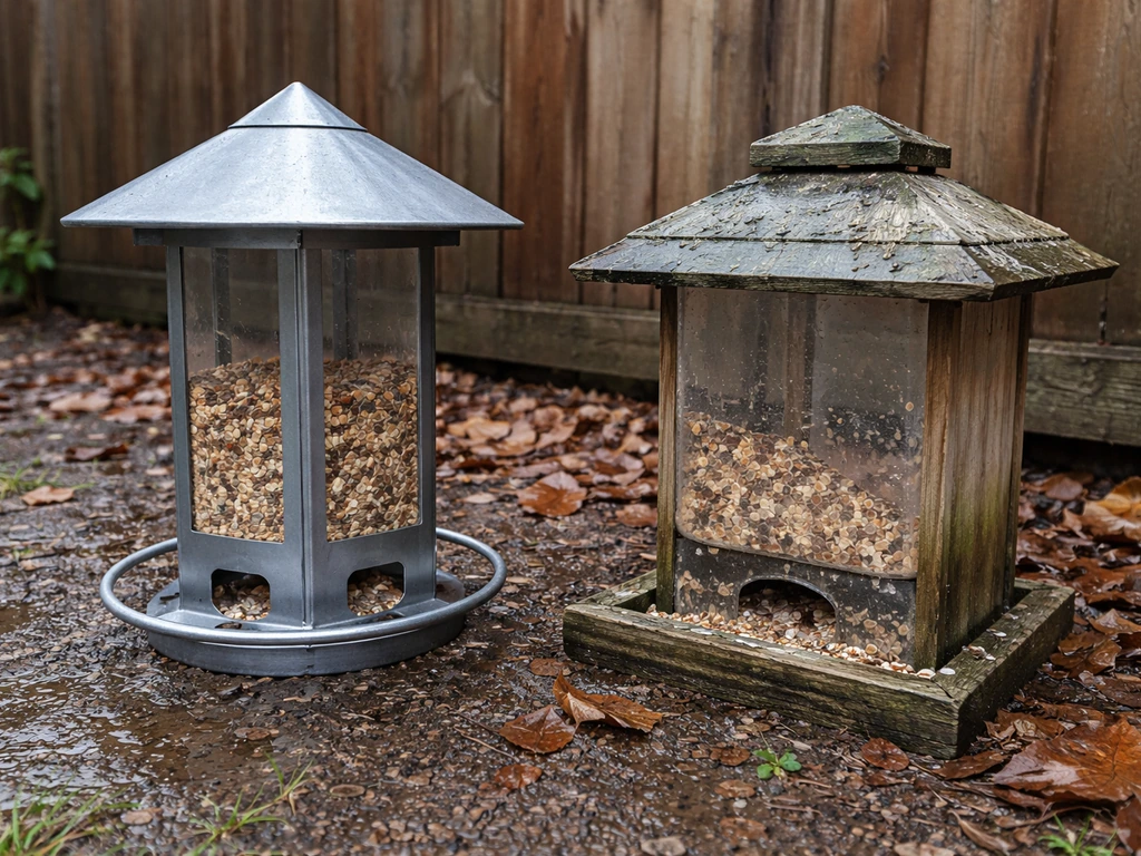 Weatherproof powder-coated metal feeder beside cracked plastic and warped moldy wood feeders outdoors.