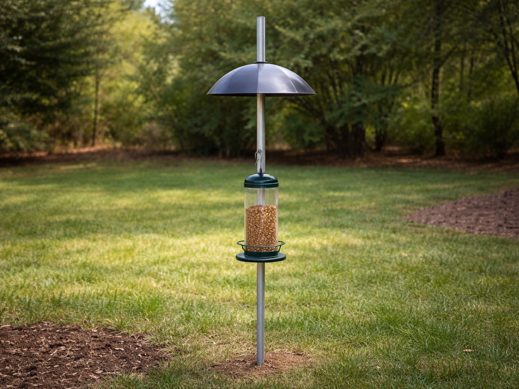 Smooth metal pole with baffle and squirrel-resistant feeder in a quiet backyard, showing clear gap clearance.