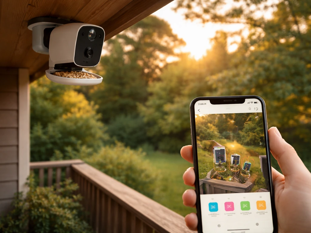 Outdoor smart bird feeder camera mounted under eaves, showing birds with a clear view and a phone AI overlay.